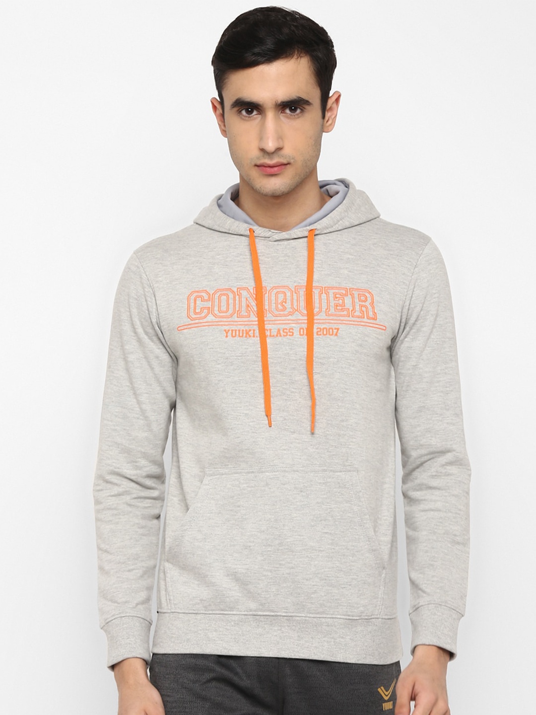 

Yuuki Men Grey Melange Printed Hooded Cotton Sweatshirt