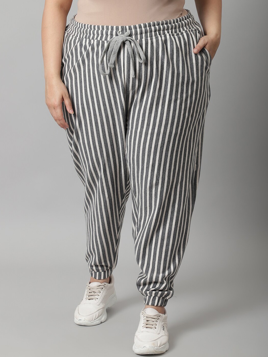 

Rute Women Plus Size White & Black Striped Cotton Joggers