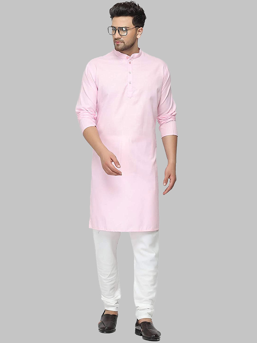 

ROYAL KURTA Men Pink Side Slit Long Sleeve Cotton Kurta