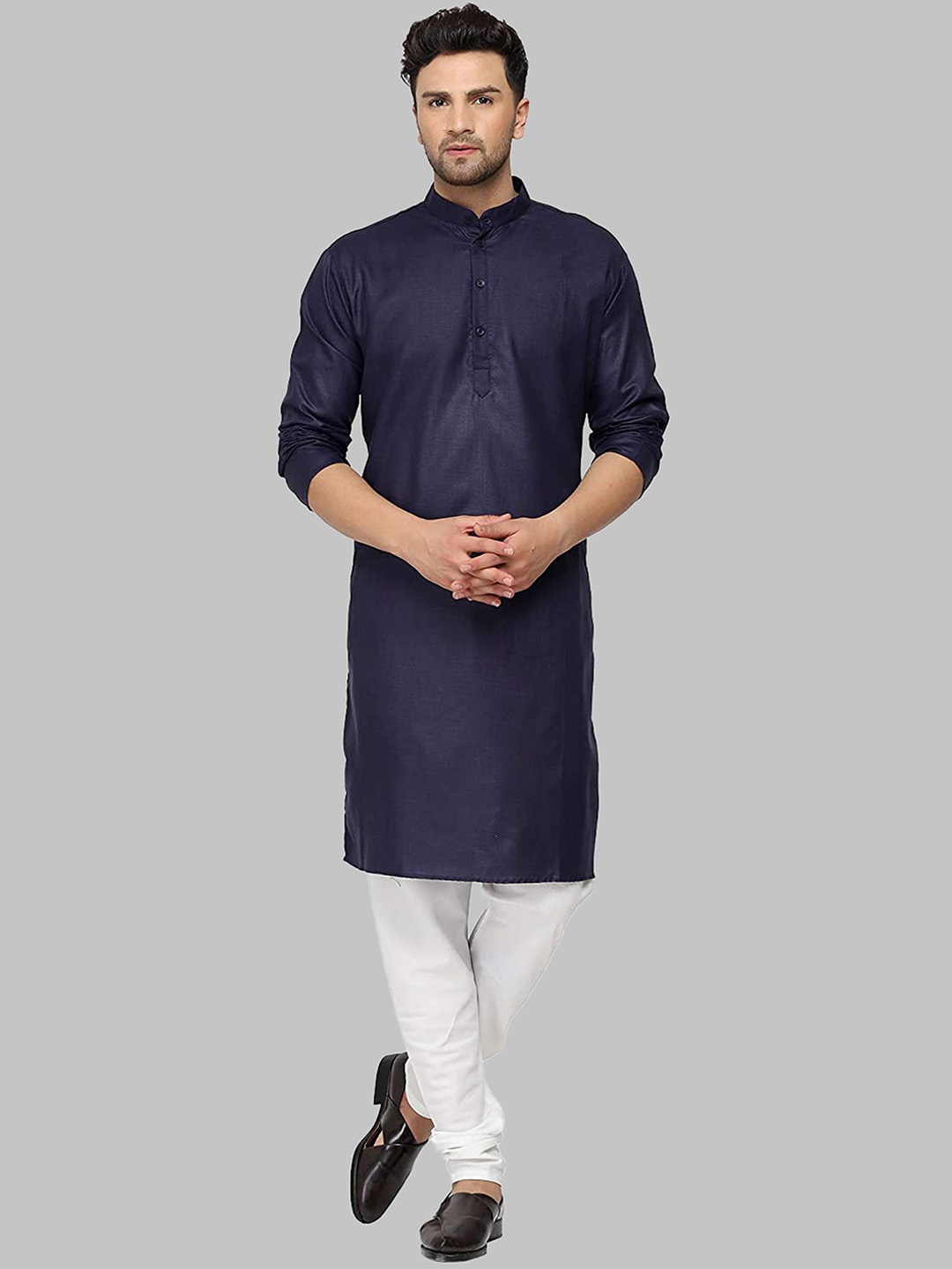 

ROYAL KURTA Men Navy Blue Side Slit Long Sleeve Cotton Kurta