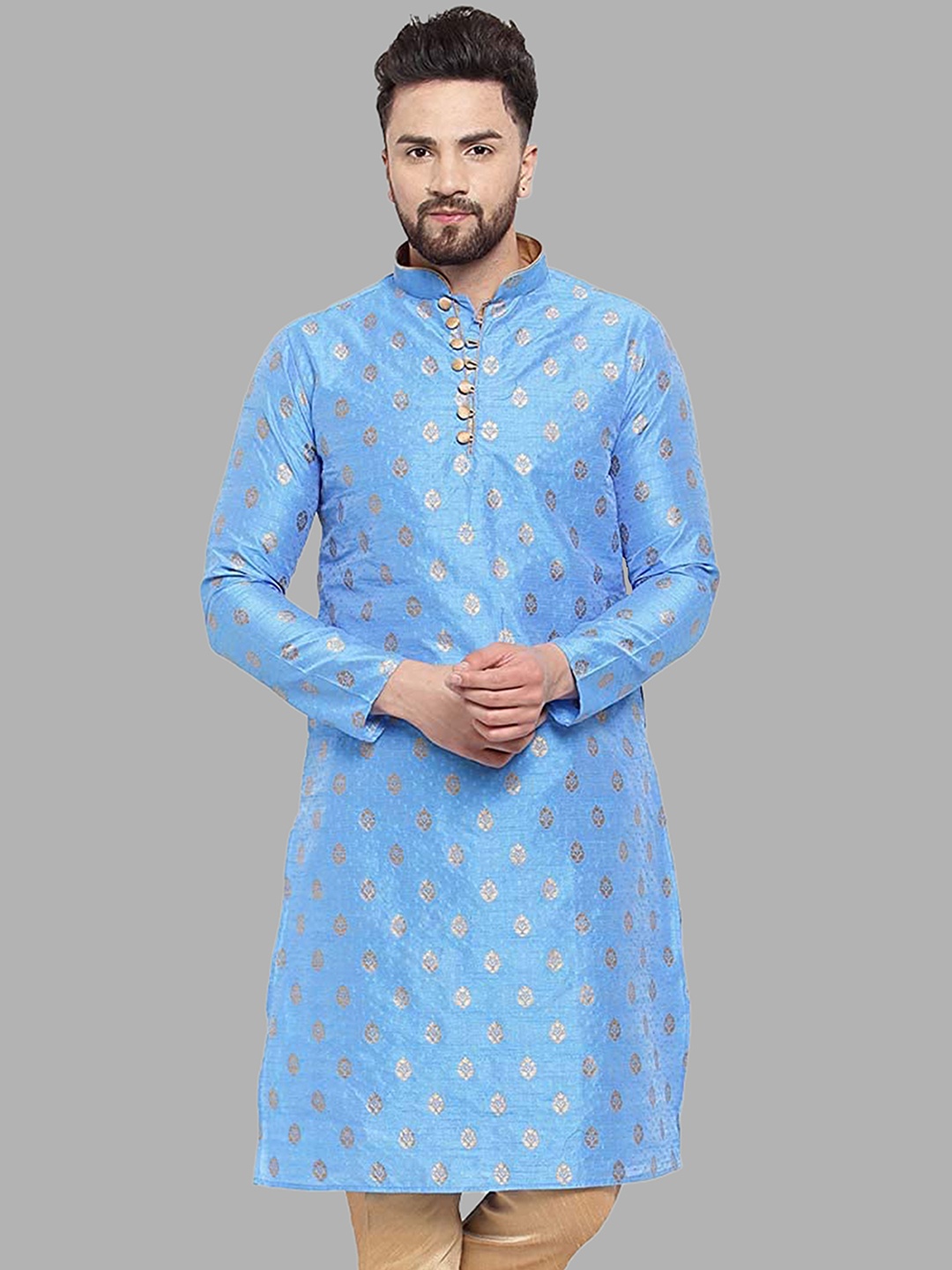 

ROYAL KURTA Men Blue Ethnic Motif Side Slit Cotton Kurta