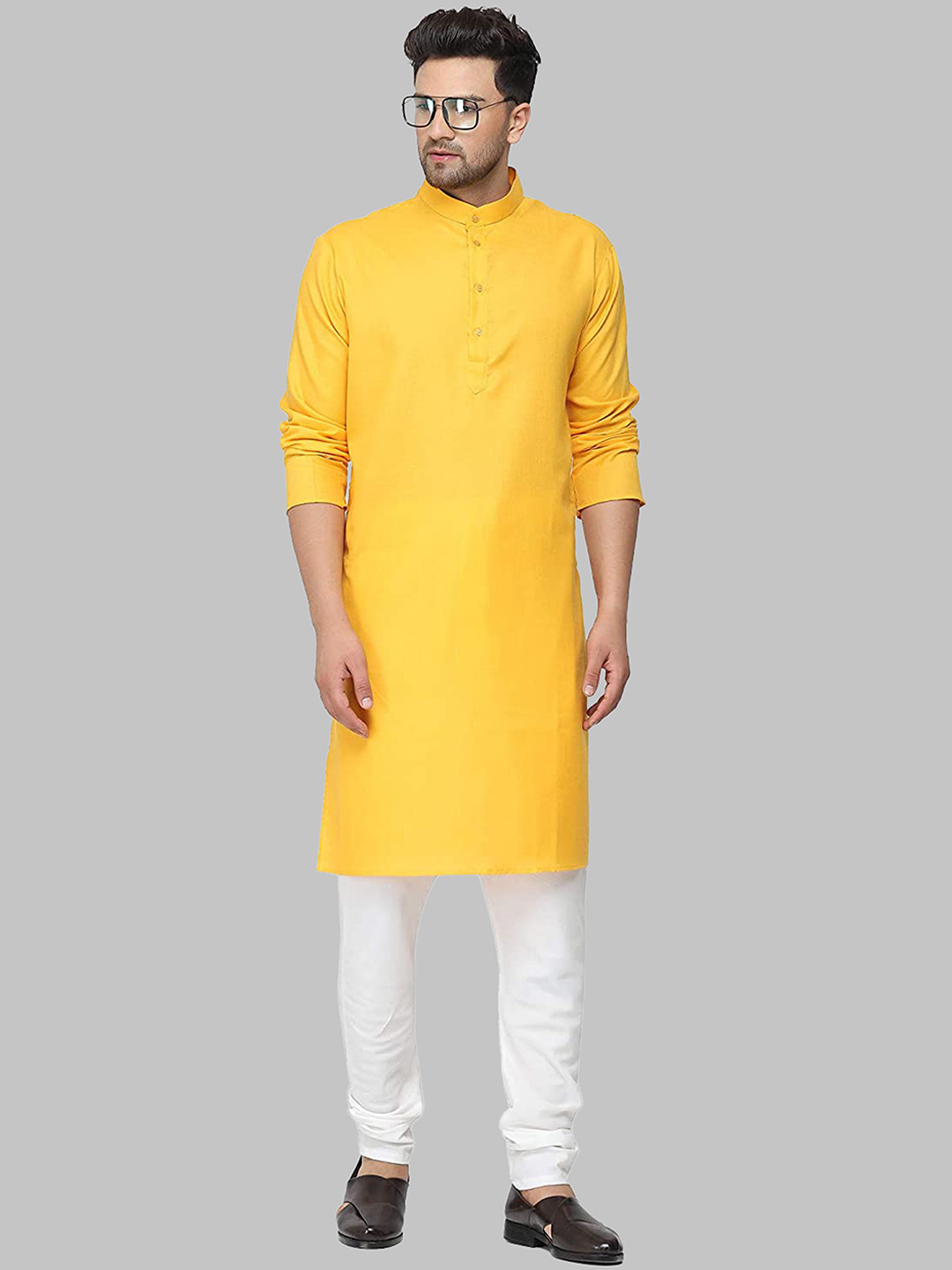 

ROYAL KURTA Men Mustard Yellow Side Slit Cotton Kurta
