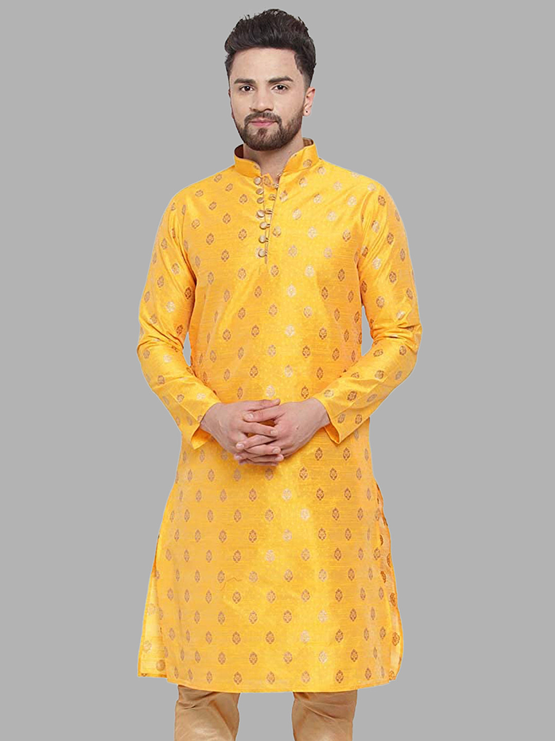 

ROYAL KURTA Men Yellow Ethnic Motifs Side Slit Cotton Kurta