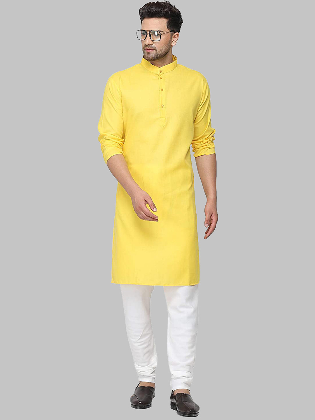 

ROYAL KURTA Men Yellow Side Slit Cotton Kurta