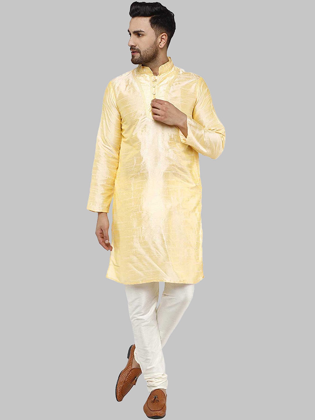 

ROYAL KURTA Men Gold-Toned Side Slit Cotton Kurta