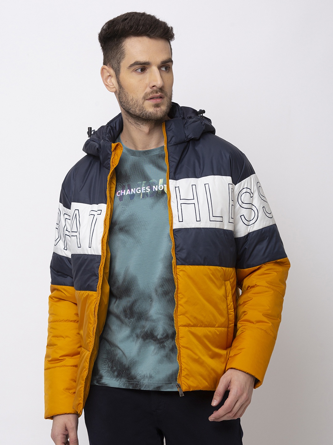 

Status Quo Men Navy Blue Yellow Colourblocked Hooded Padded Jacket
