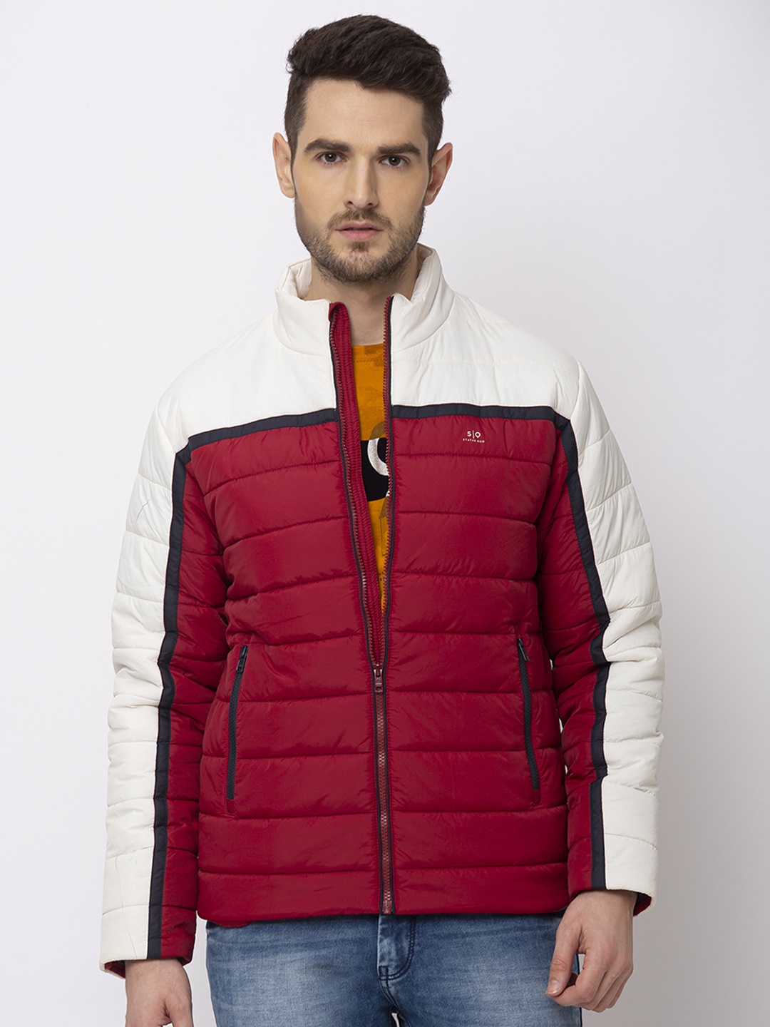 

Status Quo Men White & Red Colourblocked Puffer Jacket