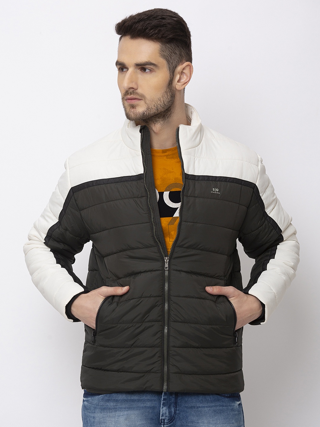 

Status Quo Men White & Olive Green Colourblocked Puffer Jacket