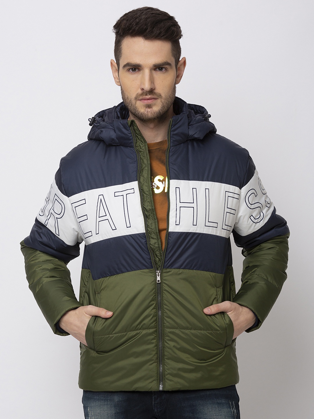 

Status Quo Men Navy Blue Colourblocked Padded Jacket