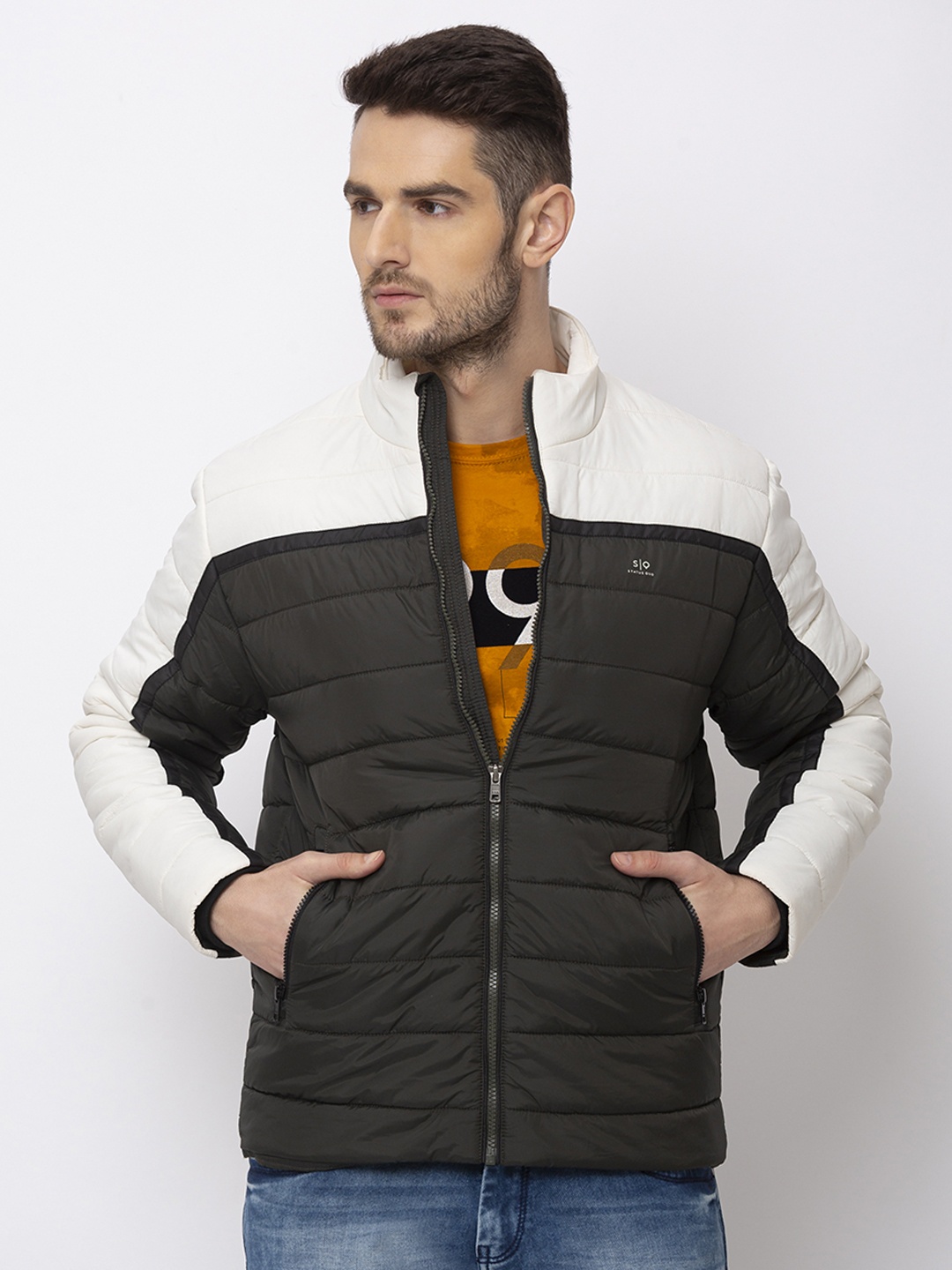 

Status Quo Men White Black Colourblocked Puffer Jacket