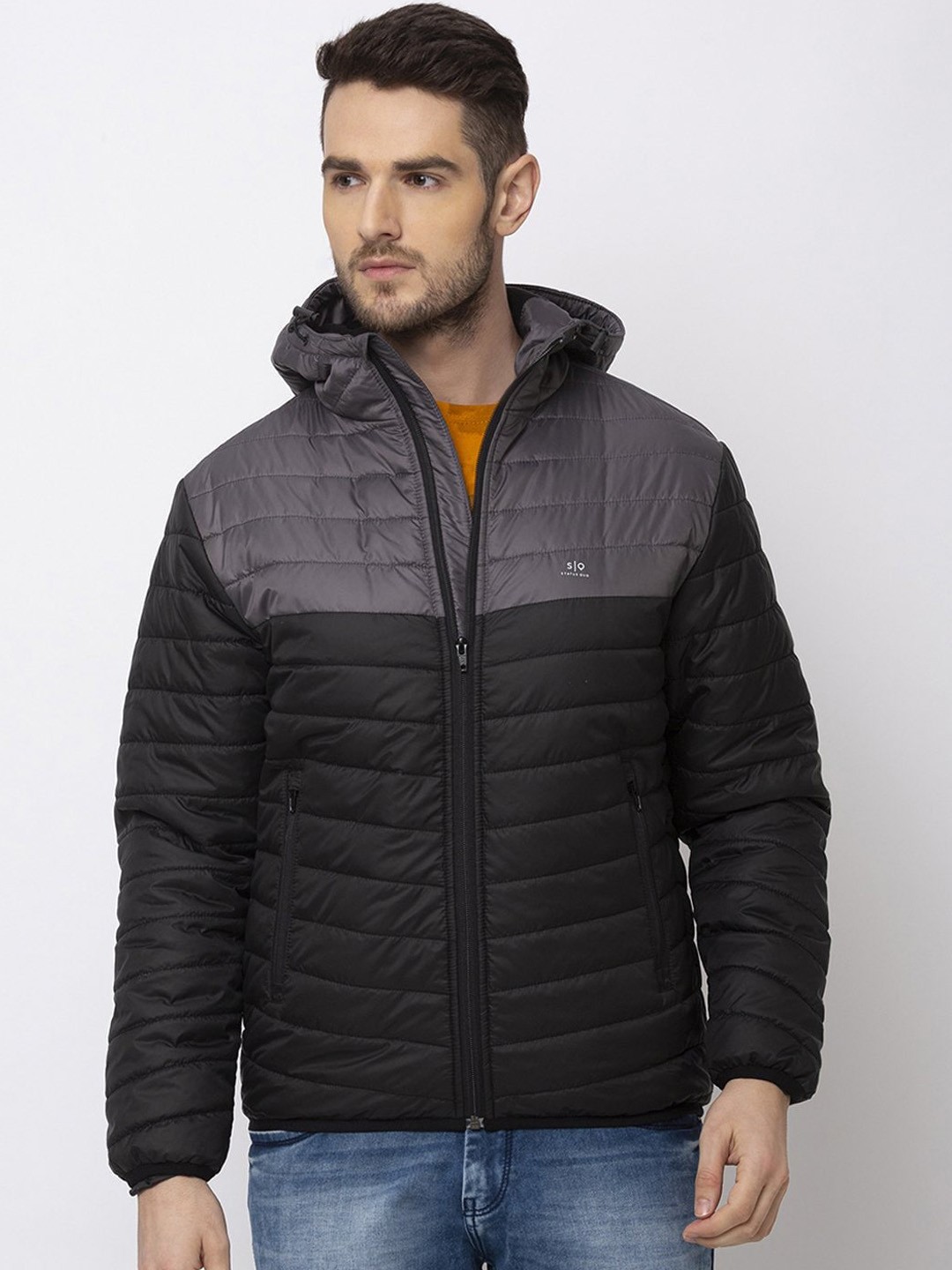 

Status Quo Men Charcoal Black Colourblocked Puffer Jacket