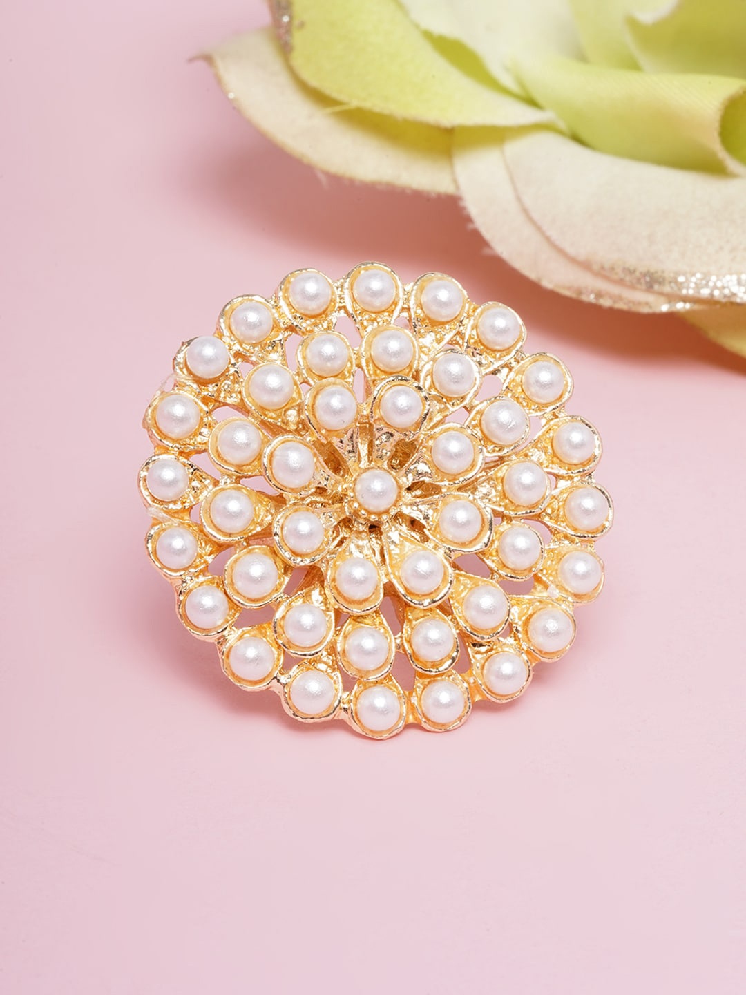 

DIVA WALK Gold-Toned & White Pearls Studded Gold-Plated Finger Ring