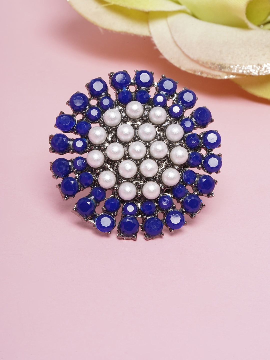 

DIVA WALK Navy Blue & White Pearl & Kundan Studded Finger Ring, Silver