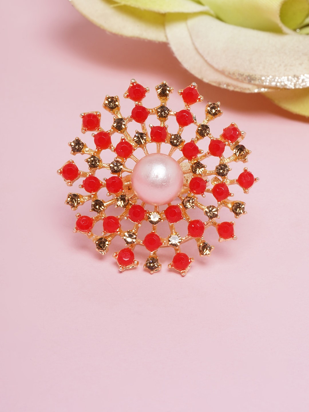 

DIVA WALK Gold-Plated White & Red Kundan-Studded Finger Ring