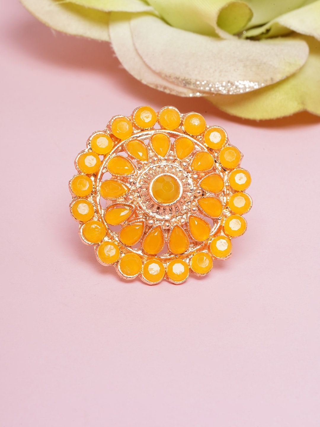 

DIVA WALK Women Gold-Plated & Yellow Stone Studded Finger Ring