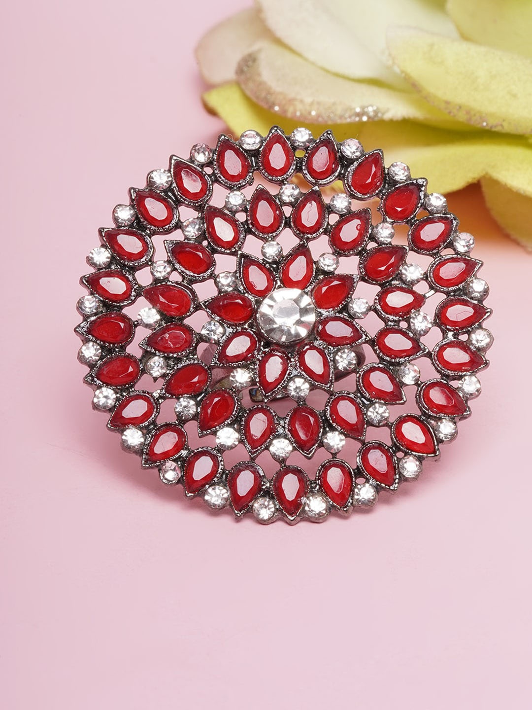 

DIVA WALK Women Silver-Toned & Red Kundan Studded Finger Ring