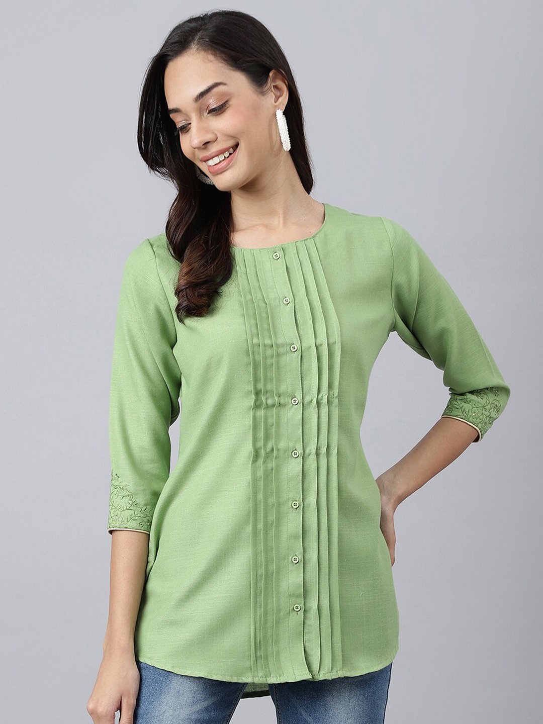 

MEESAN Green Embroidered Cotton Tunic