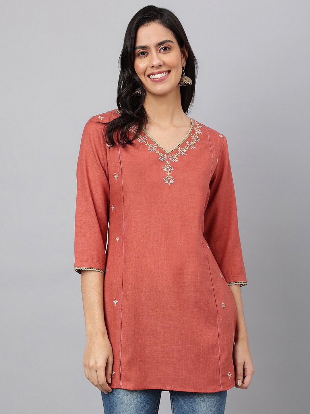 

MEESAN Rust & White Embroidered Cotton Tunic