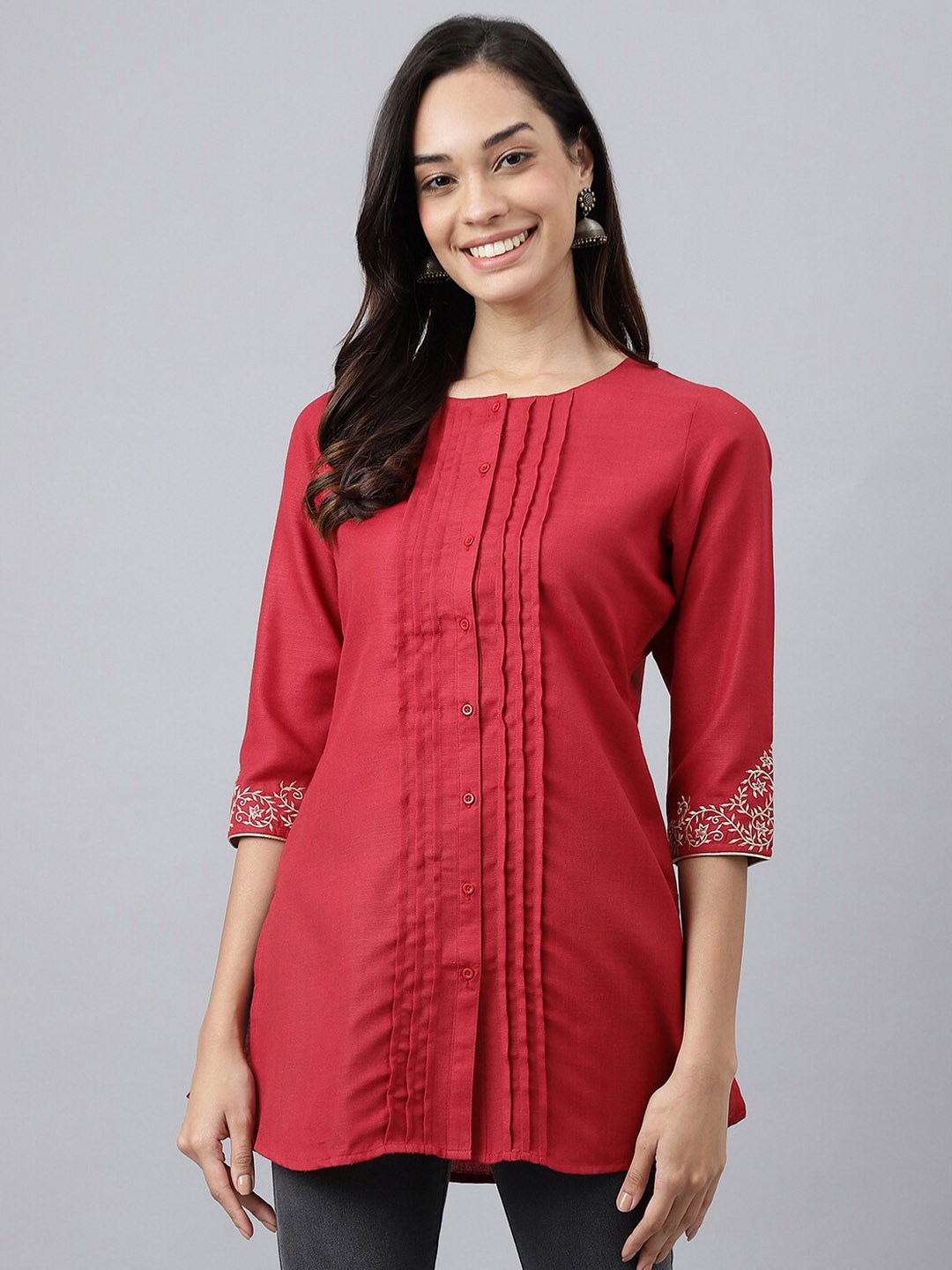

MEESAN Maroon & White Embroidered Embellished Tunic