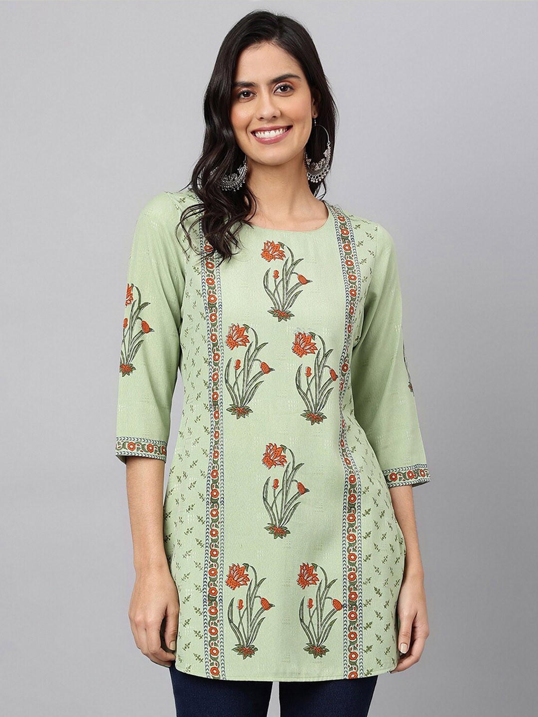 

MEESAN Green & Red Printed Tunic
