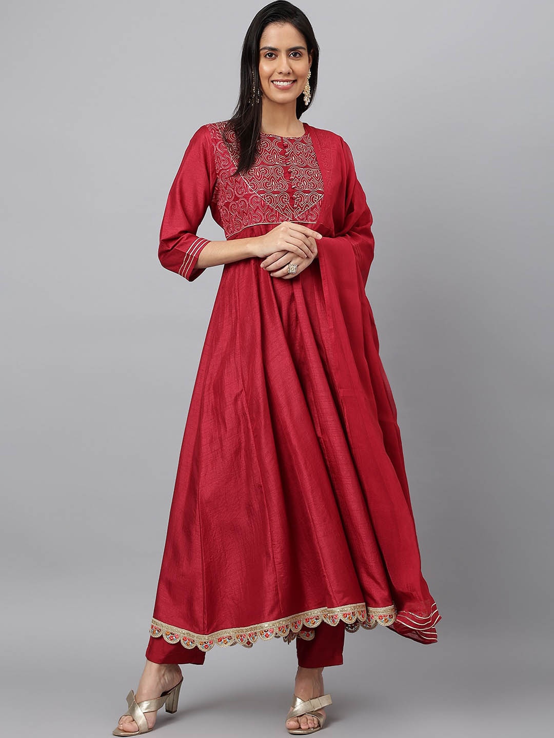 

MEESAN Women Red Ethnic Motifs Embroidered Panelled Kurta with Trousers & With Dupatta