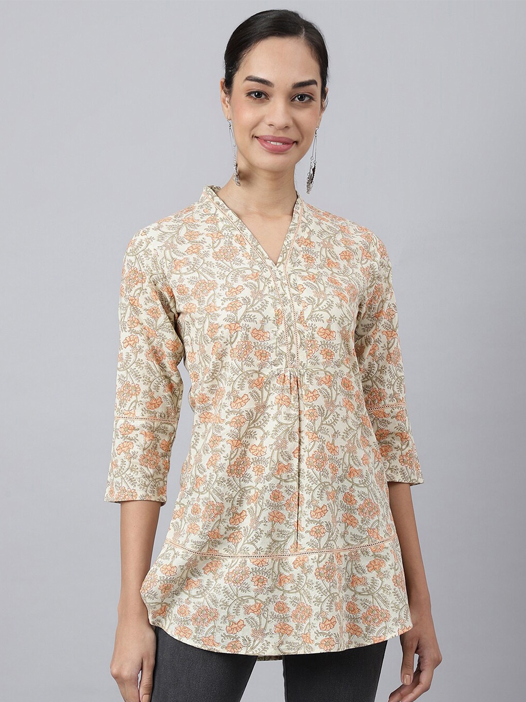 

MEESAN Peach-Coloured & Orange Printed Cotton Tunic