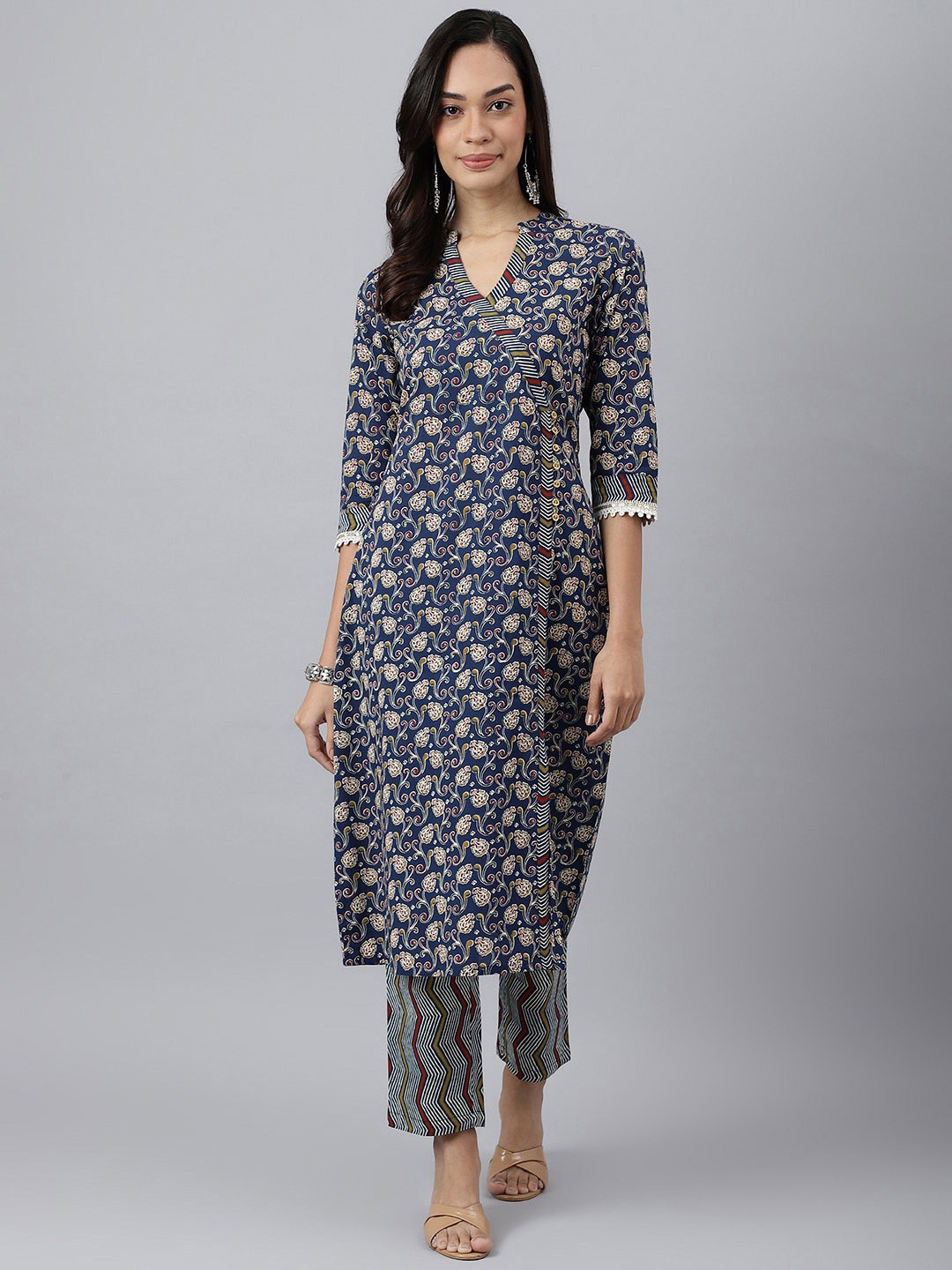 

MEESAN Women Blue Ethnic Motifs Printed Angrakha Pure Cotton Kurta with Trousers