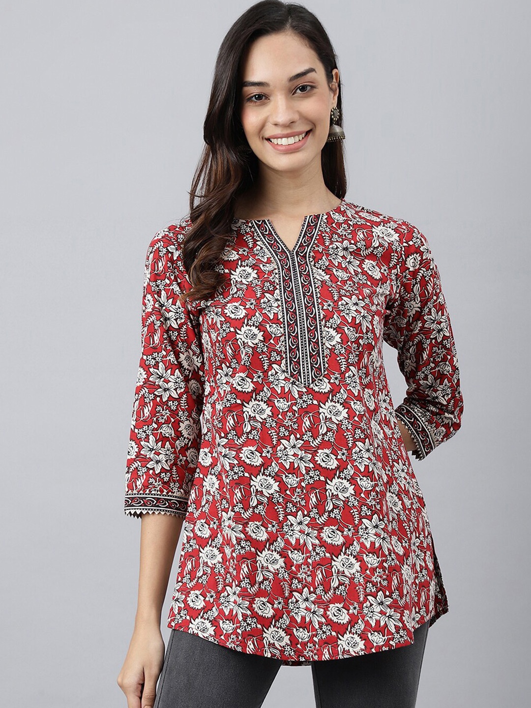 

MEESAN Red & White Printed Cotton Tunic