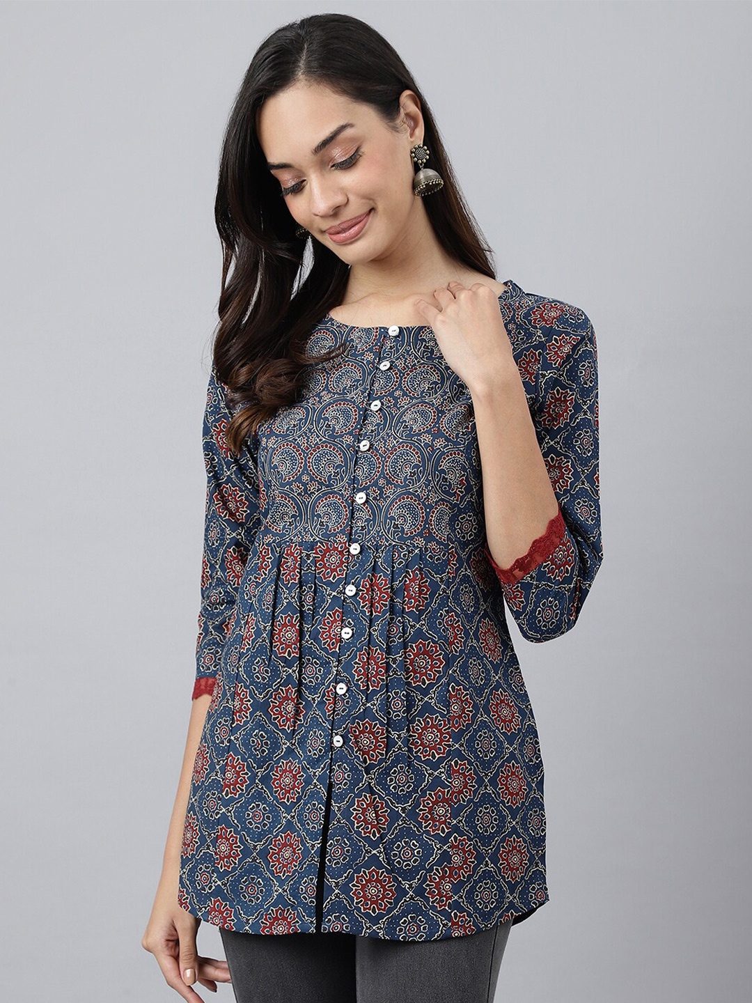 

MEESAN Blue & Rust Printed Cotton Tunic