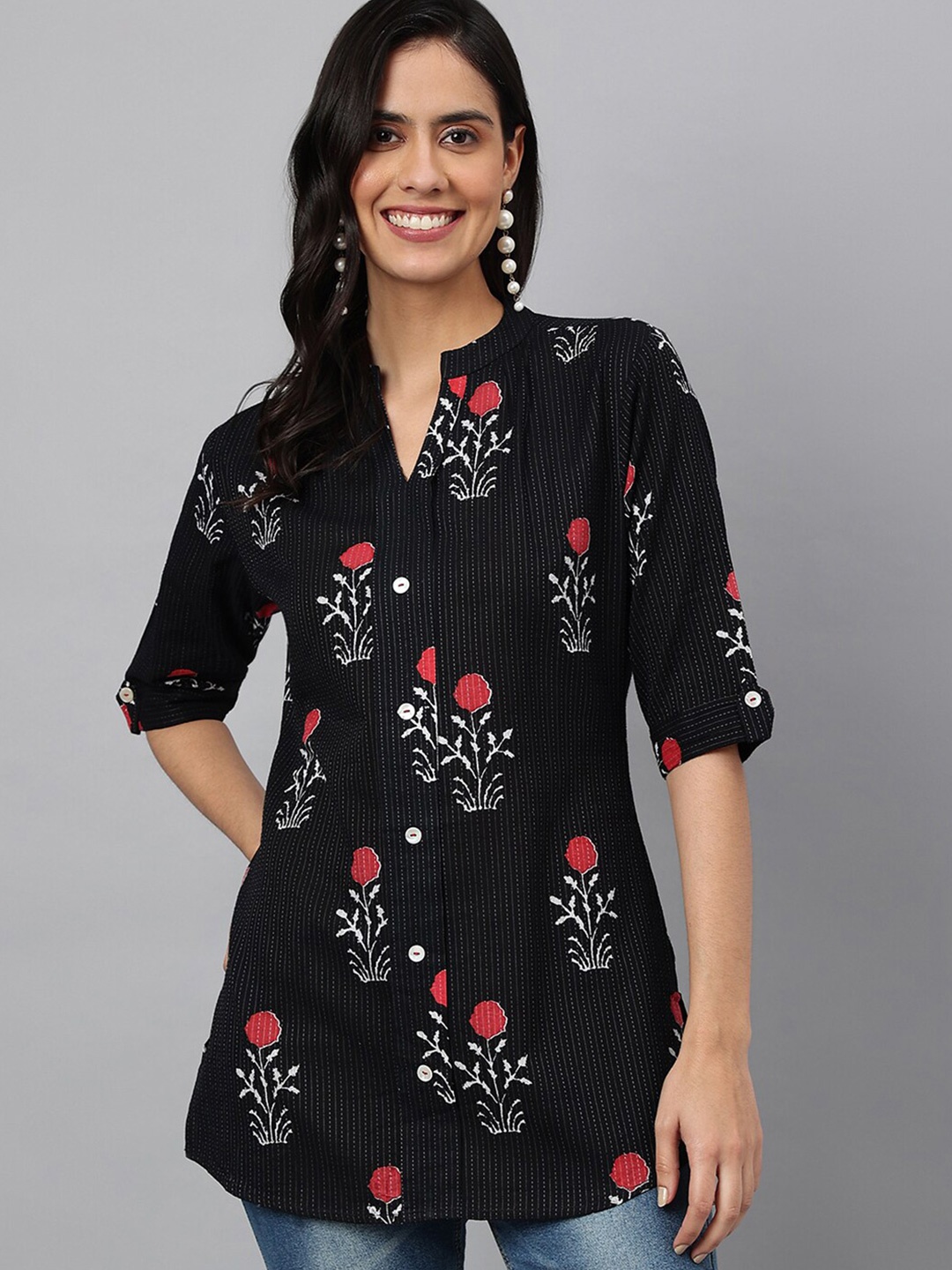 

MEESAN Black & Red Mandarin Collar Printed Cotton Tunic