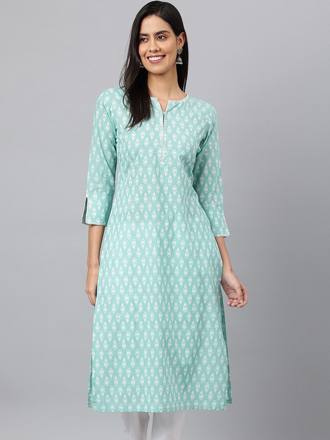 

MEESAN Women Sea Green & White Cotton Ethnic Motifs Printed Thread Work Kurta