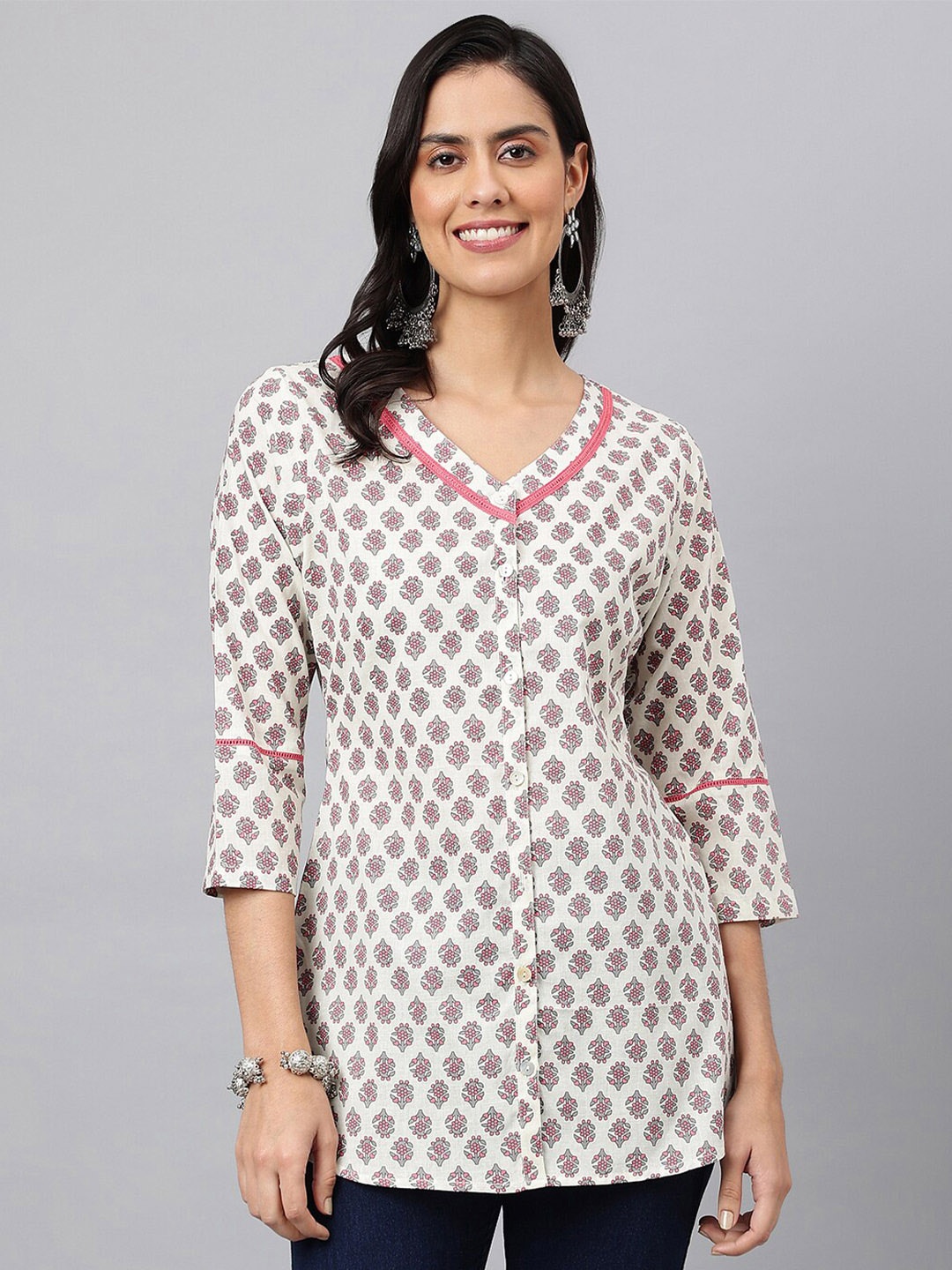 

MEESAN White & Pink Printed Cotton Tunic