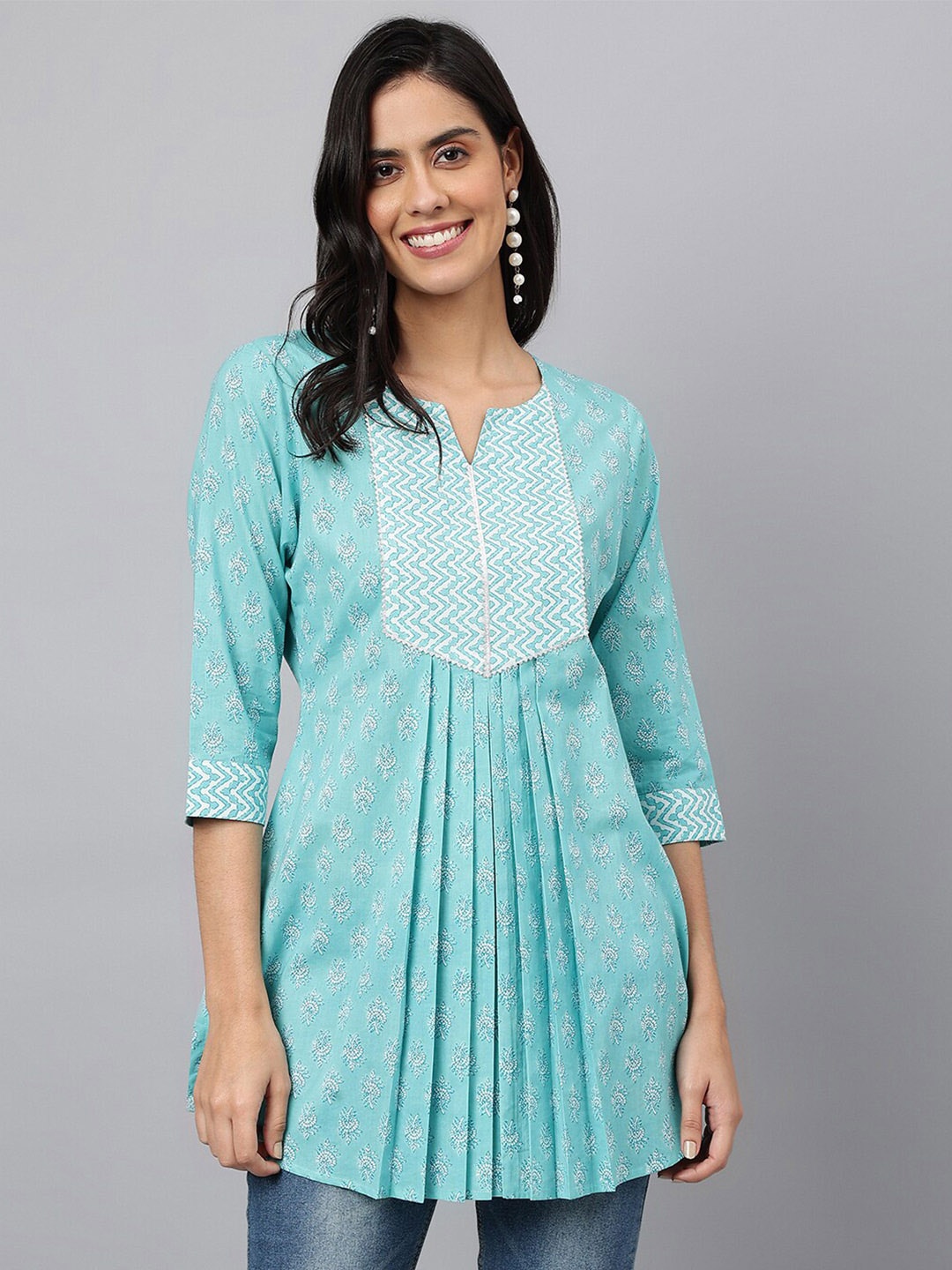 

MEESAN Turquoise Blue & White Printed Cotton Tunic