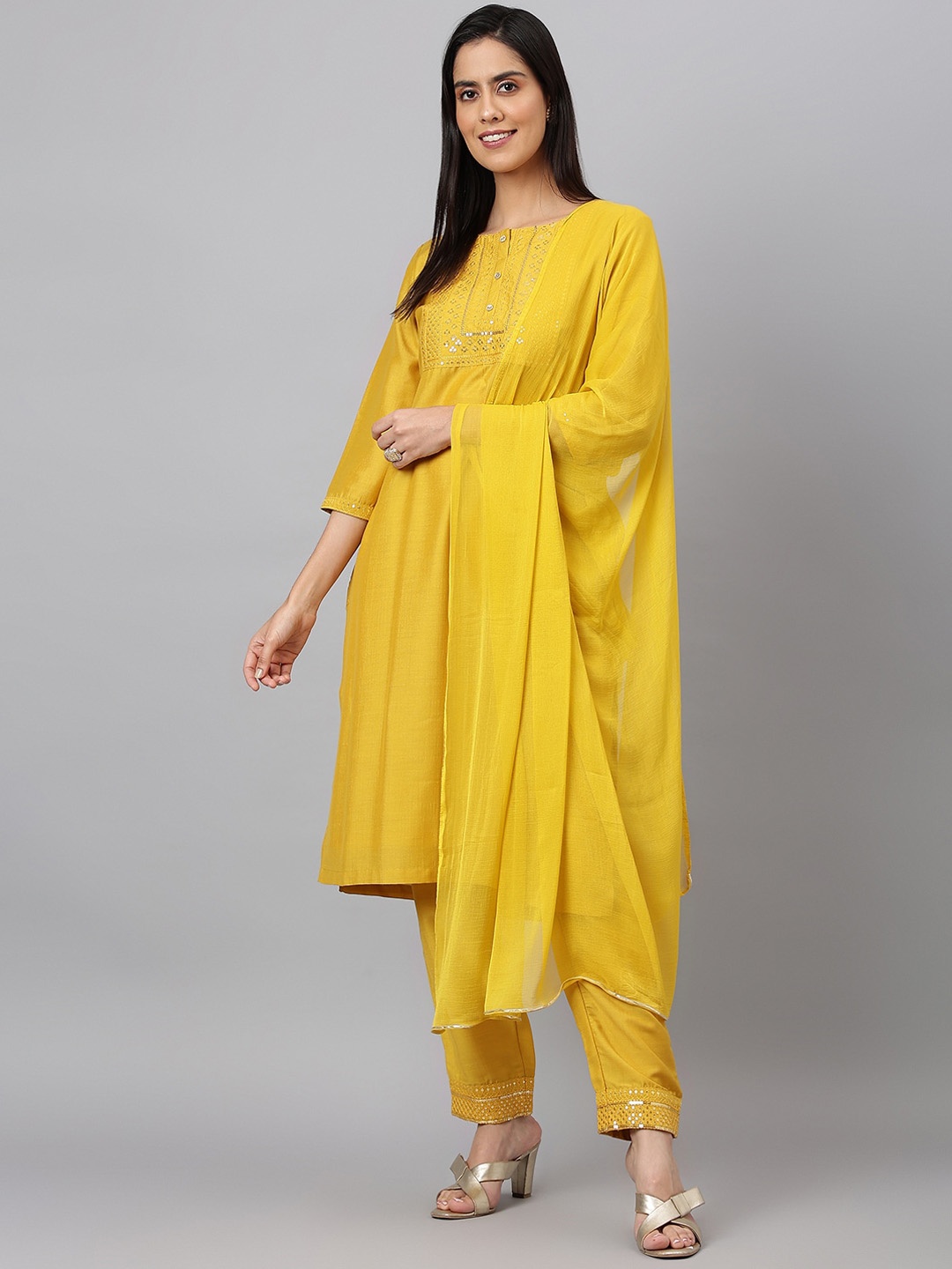 

MEESAN Women Yellow Sequinned Kurta with Trousers & With Dupatta
