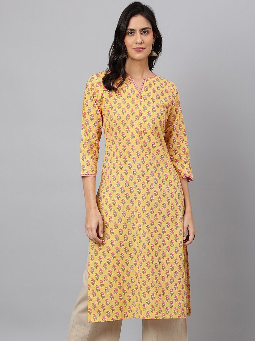 

MEESAN Floral Printed Straight Regular Calf Length Cotton Kurta, Yellow
