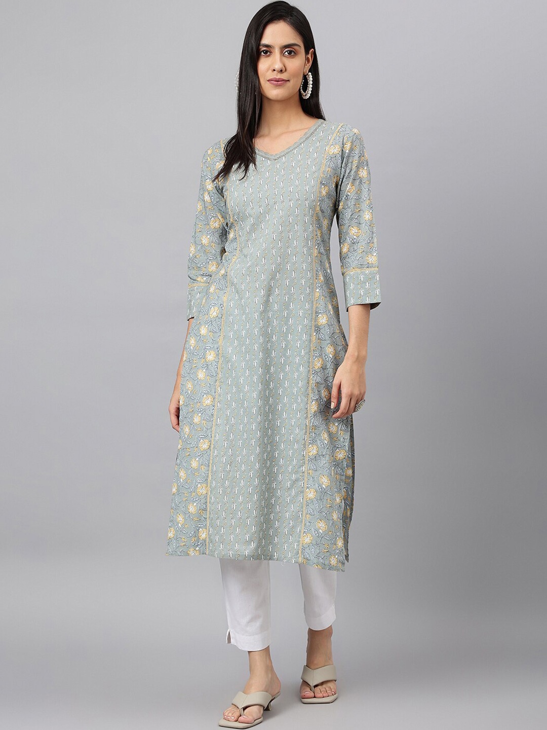 

MEESAN Women Floral Printed Pure Cotton Kurta, Grey