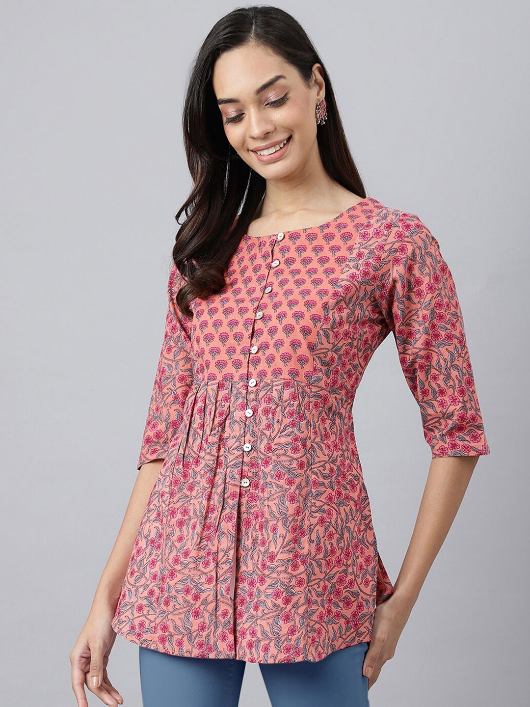 

MEESAN Pink & Blue Printed Cotton Tunic