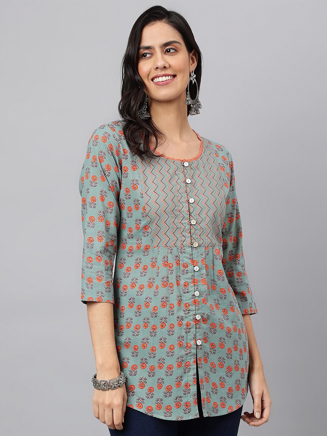 

MEESAN Green & Red Printed Cotton Tunic