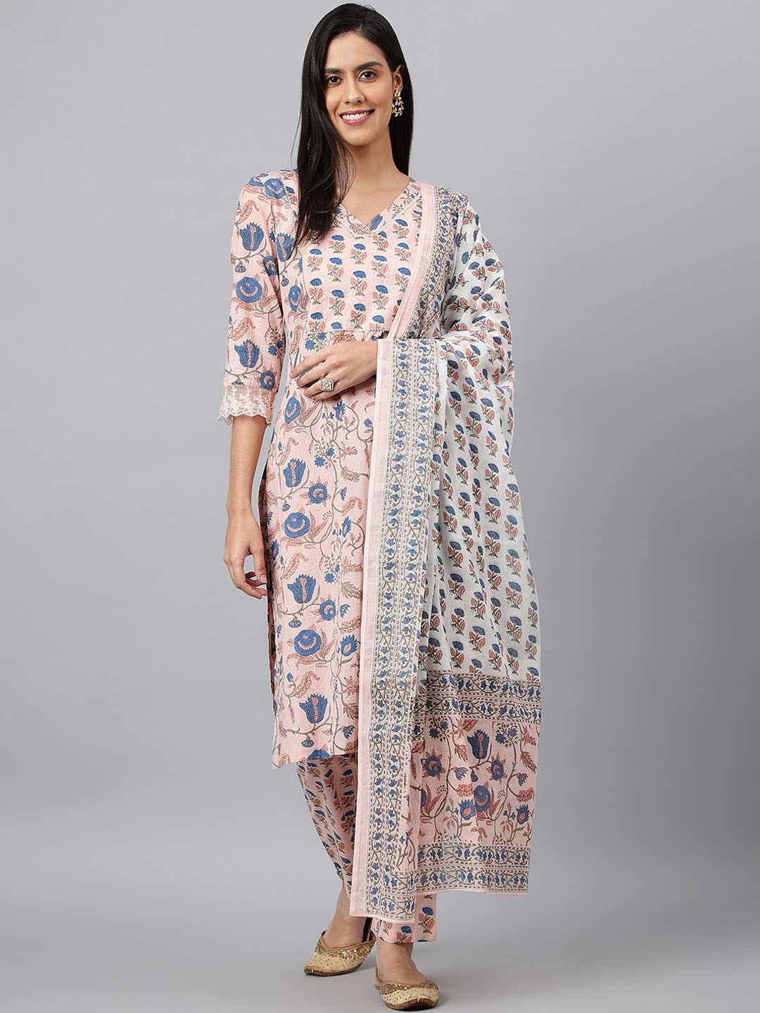 

MEESAN Women Pink Ethnic Motifs Printed Pure Cotton Kurta with Trousers & With Dupatta
