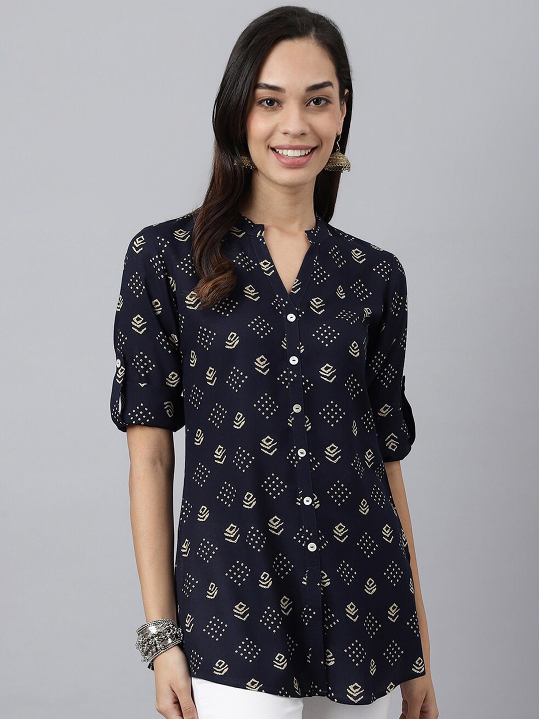 

MEESAN Navy Blue & White Viscose Rayon Mandarin Collar Printed Tunic