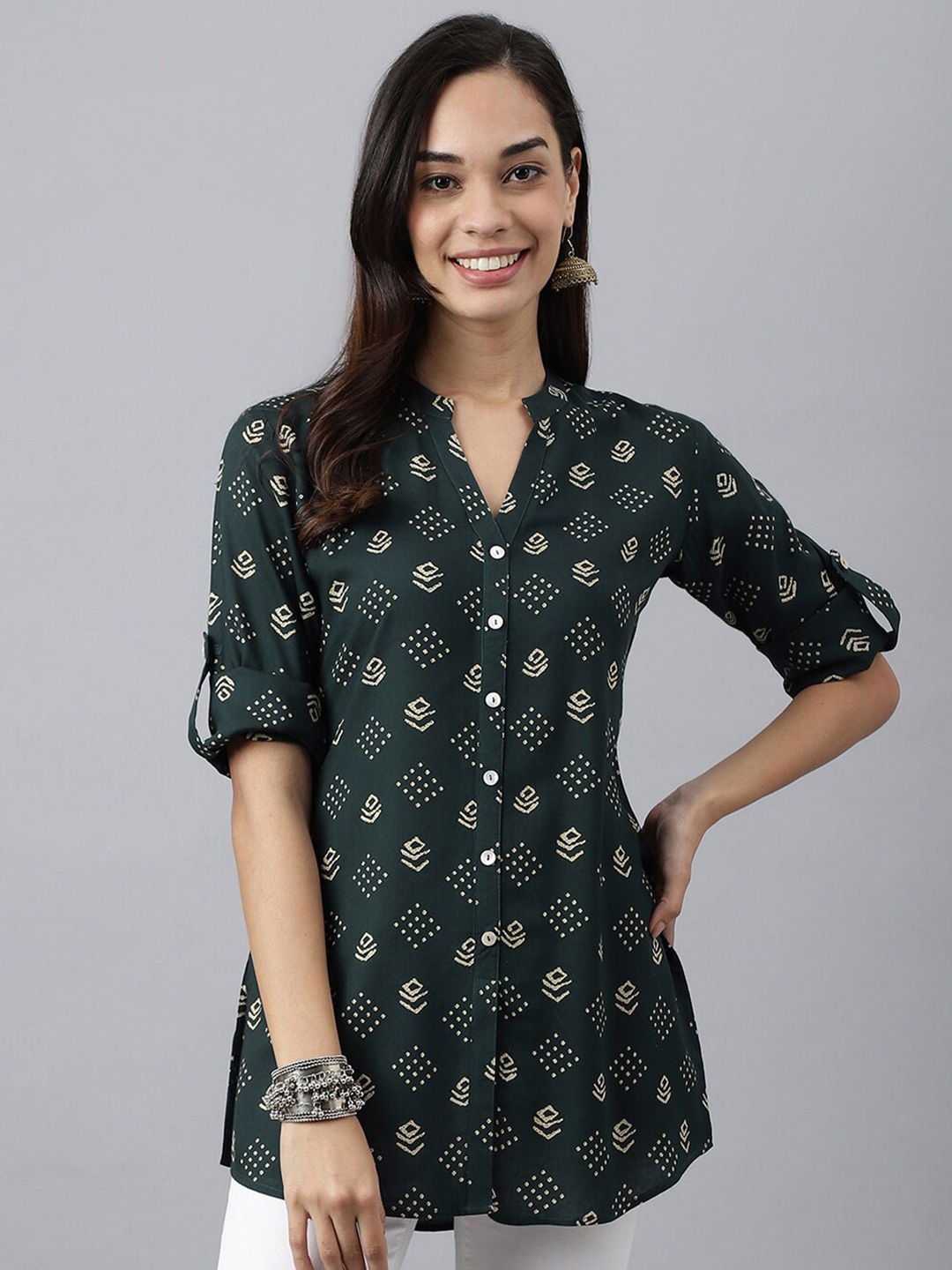 

MEESAN Green & White Mandarin Collar Printed Tunic