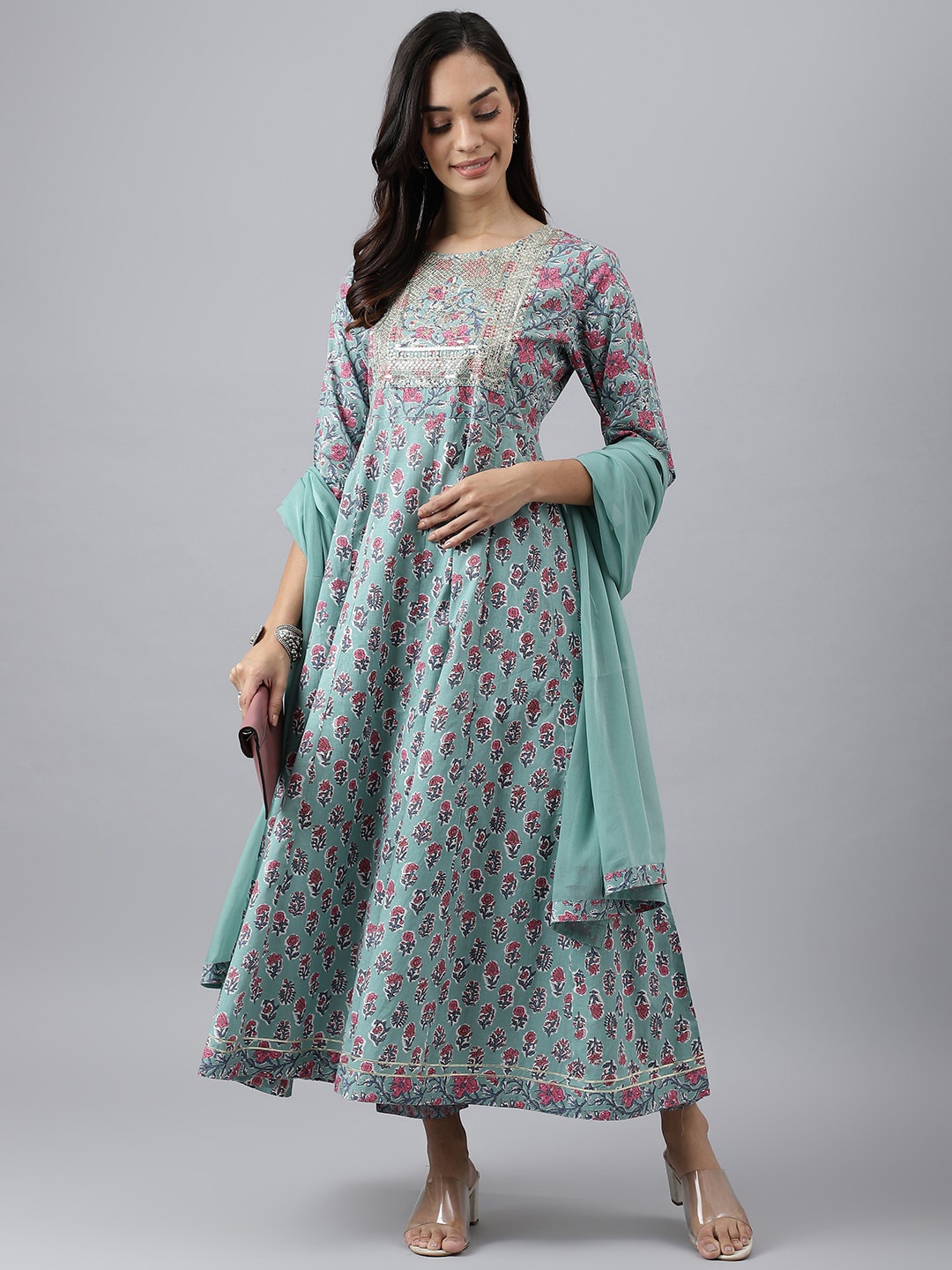 

MEESAN Women Sea Green Ethnic Motifs Printed Empire Pure Cotton Kurta with Trousers & With Dupatta