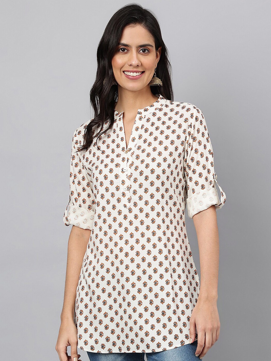 

MEESAN White & Mustard Mandarin Collar Printed Tunic