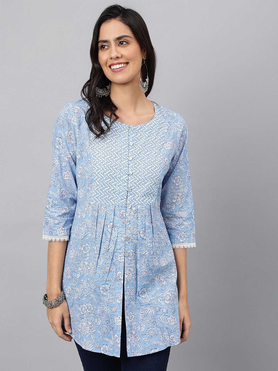 

MEESAN Blue & White Printed Cotton Tunic