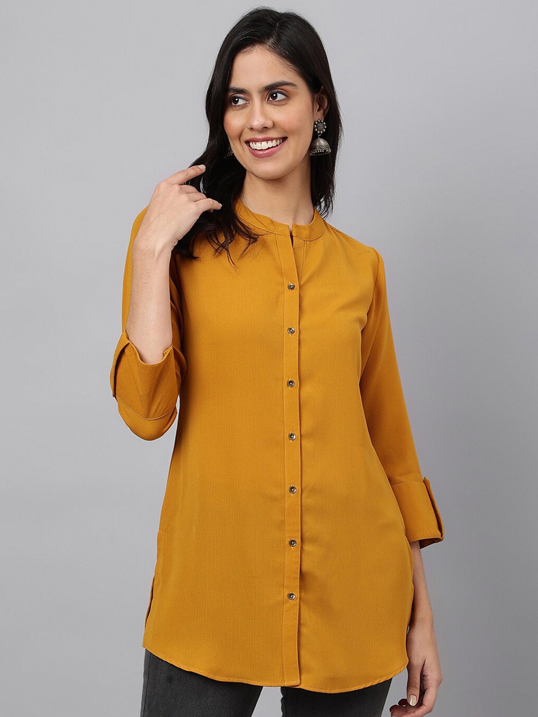 

MEESAN Mustard Mandarin Collar Tunic