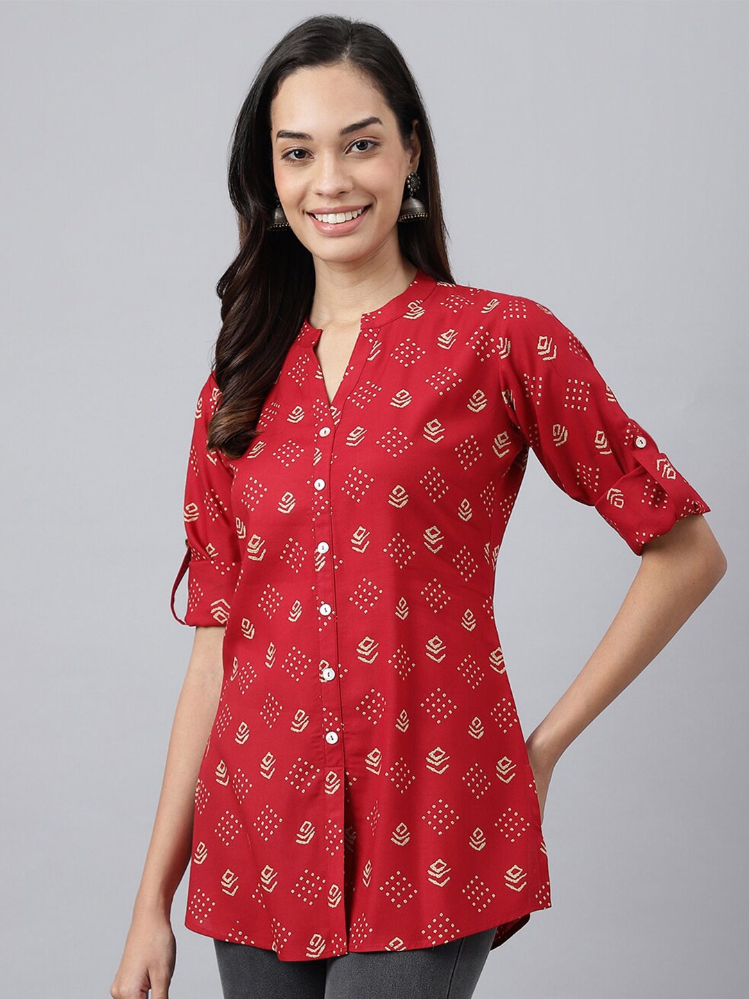 

MEESAN Red & White Mandarin Collar Printed Tunic