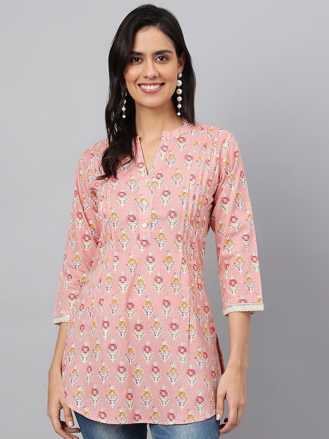 

MEESAN Pink & Red Mandarin Collar Cotton Printed Tunic