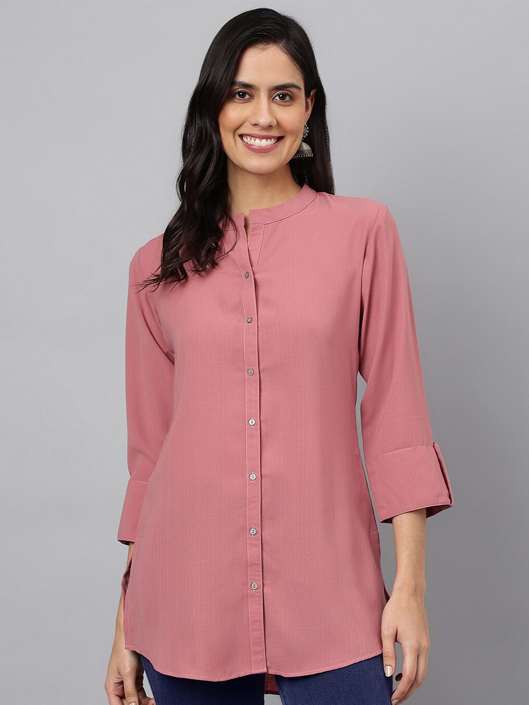 

MEESAN Pink Mandarin Collar Tunic