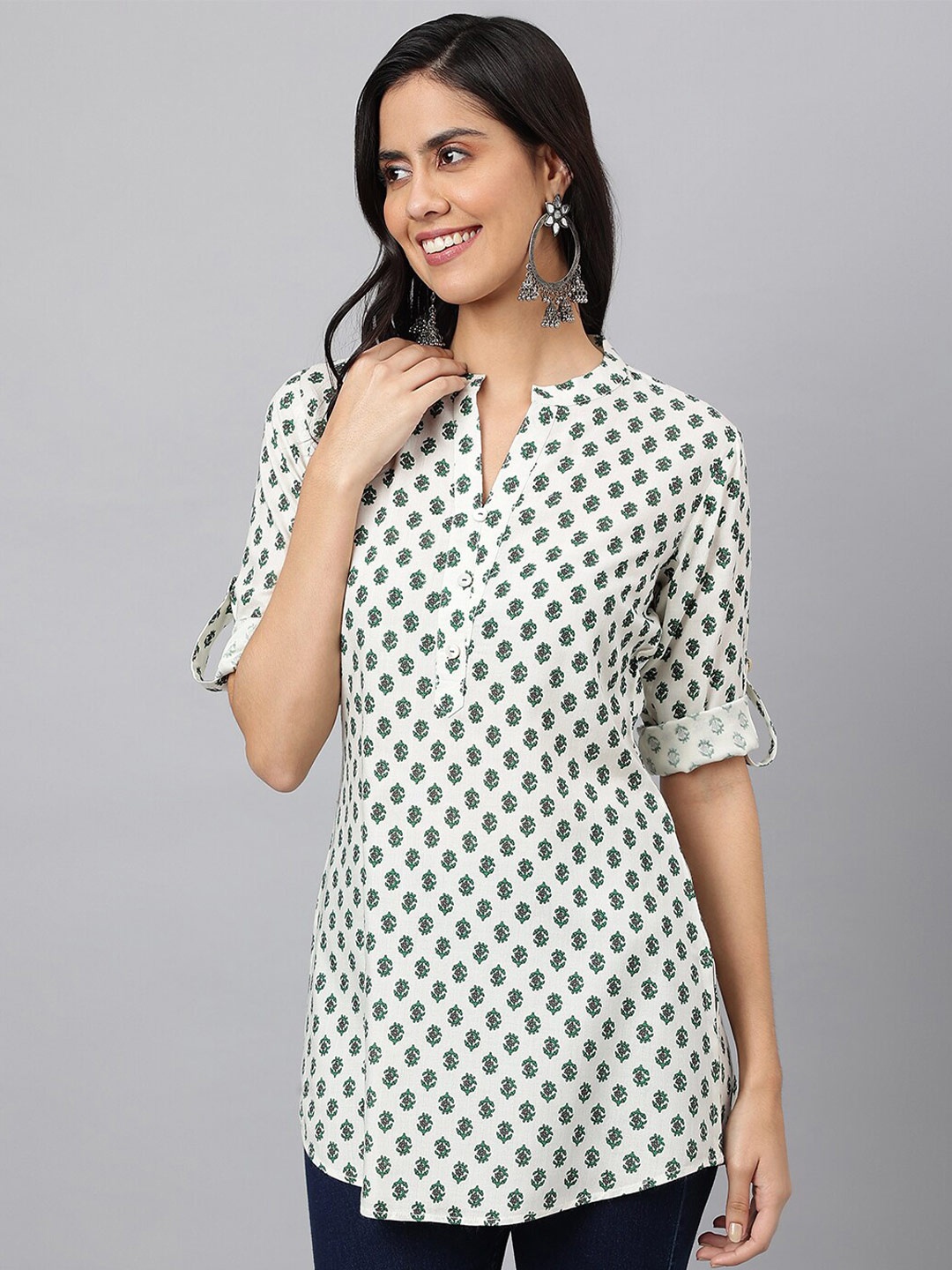 

MEESAN Off White & Green Mandarin Collar Printed Tunic