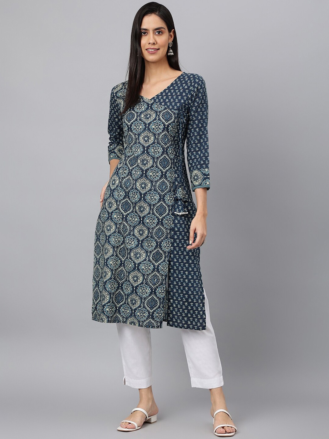 

MEESAN Floral Printed Angrakha V-Neck Pure Cotton Kurta, Blue